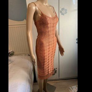 NWT VINTAGE HERNAN ZAJAR KNIT & CROCHET DRESS TAN/ BRONZE  OPEN/ U BACK S RARE